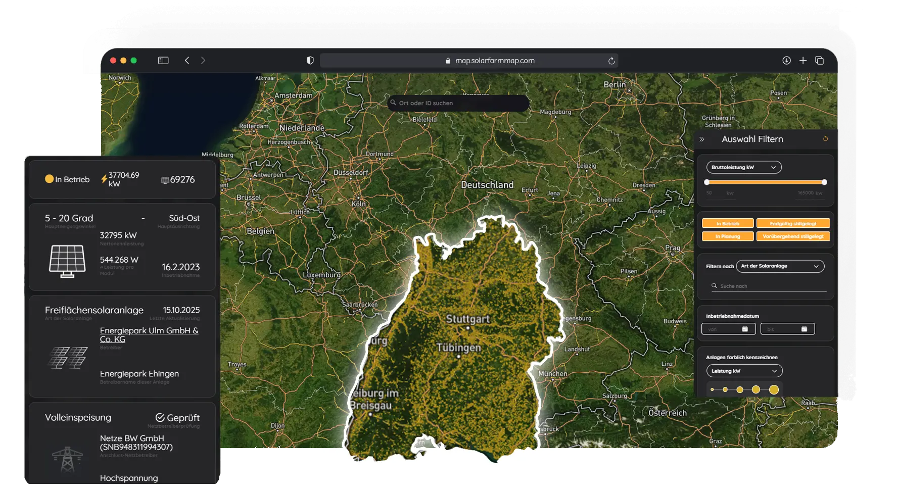 Solaranlagen in Baden-Württemberg auf einer Karte