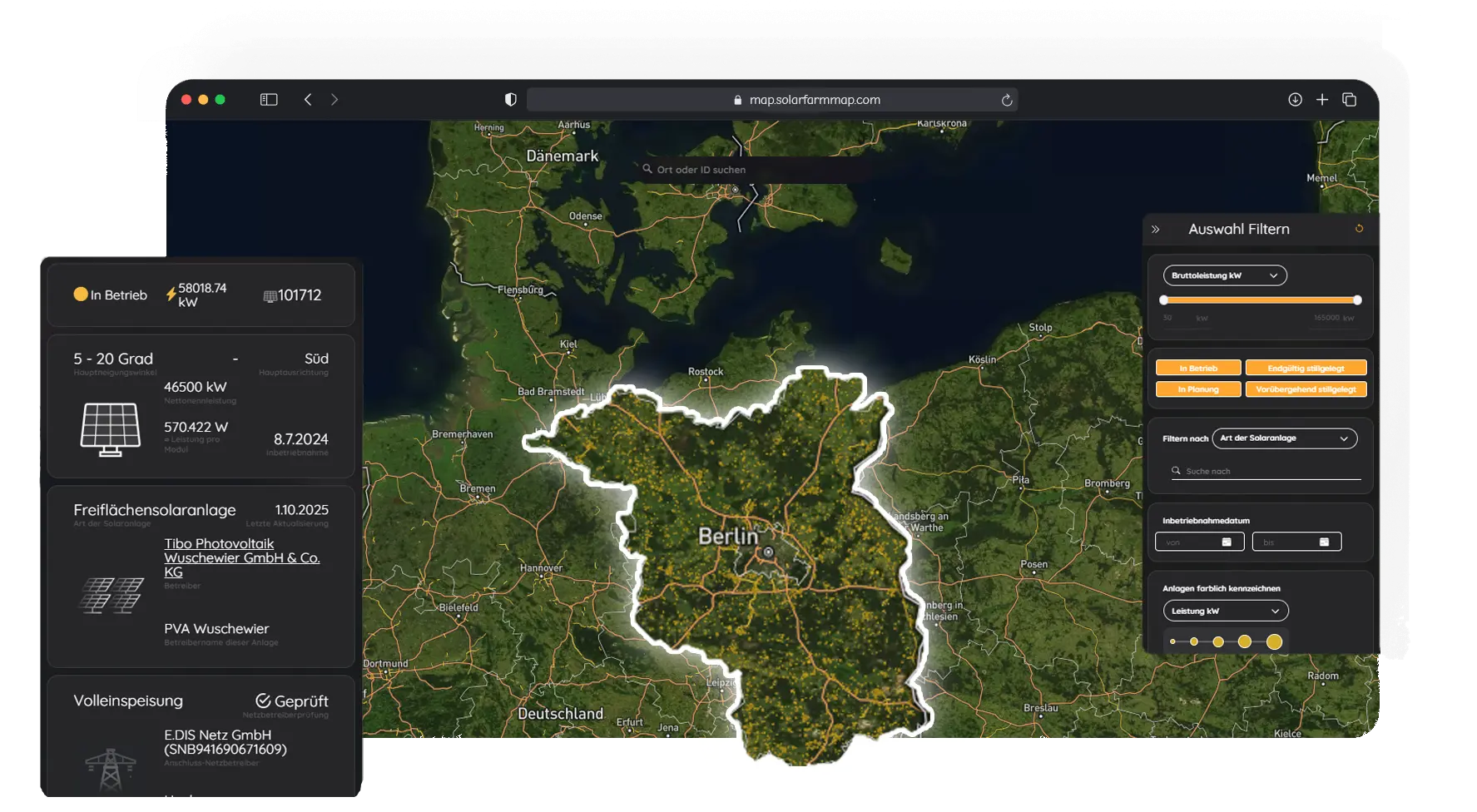Solaranlagen in Brandenburg auf einer Karte