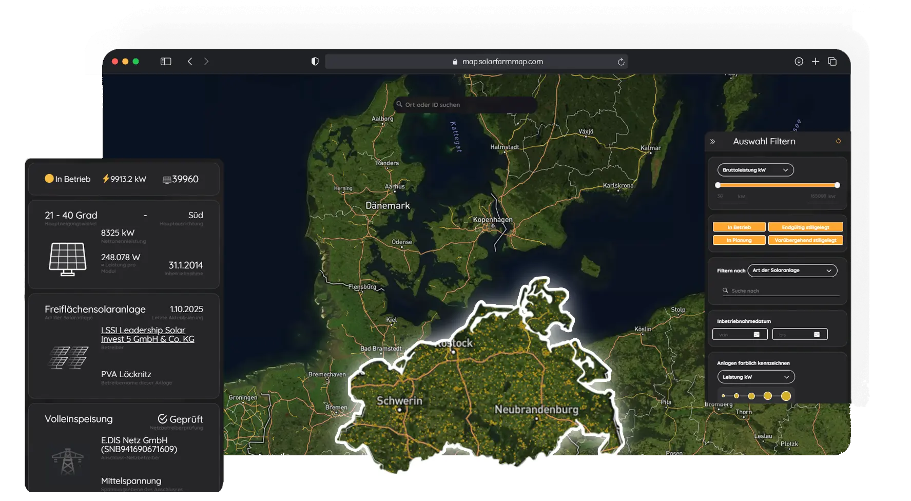 Solar power systems in Mecklenburg-Vorpommern on a map