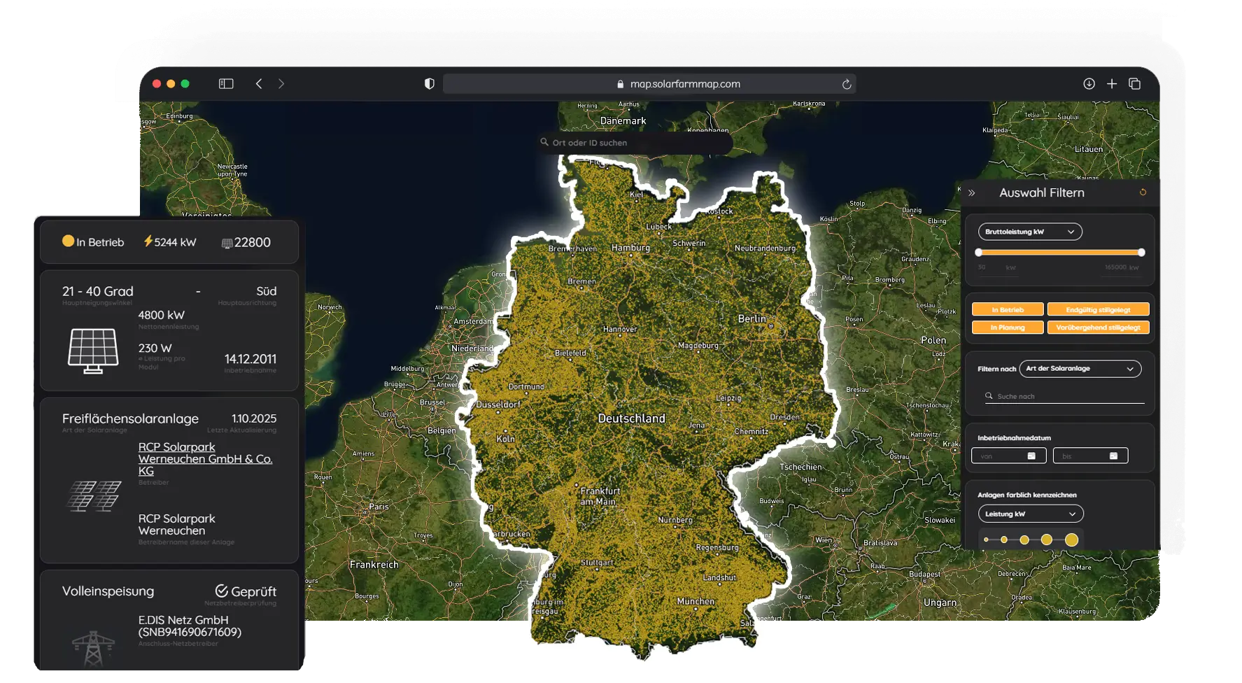 Kartenvorschau von map.solarfarmmap.com mit allen Solaranlagen in Deutschland