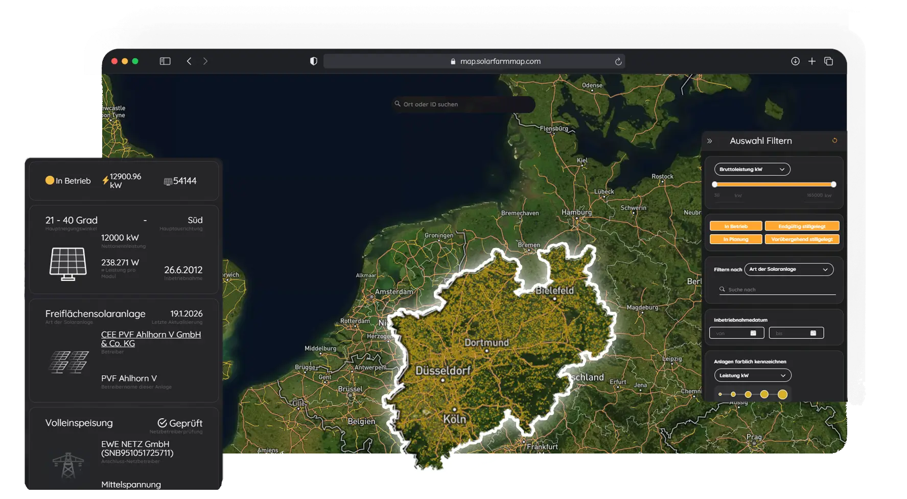 Solaranlagen in Nordrhein-Westfalen auf einer Karte