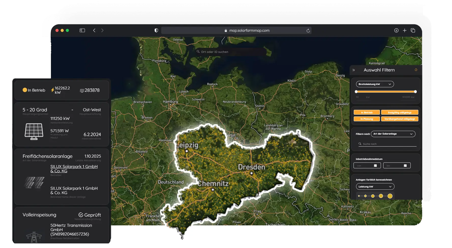 Solar power systems in Saxony on a map